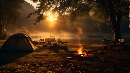 Camping Morning Tranquility: First Light Through Trees, Dew, Mist, Adventure