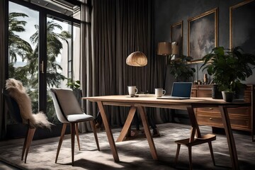 working table and chairs with a cup of coffee