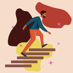 illustration of man climbing the stairs on the beige background.