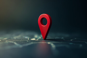 Minimalistic Red Location Pin on a Dark Map Background - obrazy, fototapety, plakaty