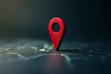 Foto op Plexiglas Minimalistic Red Location Pin on a Dark Map Background © Patrick