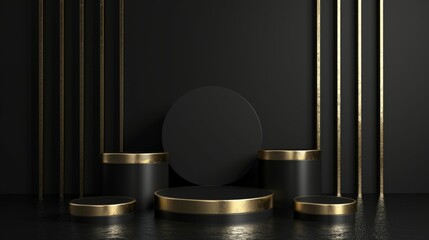 luxury marble geometric podium in dark black background.