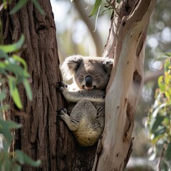 Obraz premium Restful Koala in Eucalyptus Sanctuary. A serene koala nestled in a eucalyptus tree.