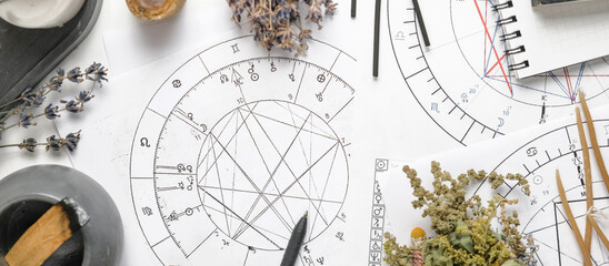 Astrology. Astrologer calculates natal chart and makes a forecast of fate Tarot cards, Fortune...