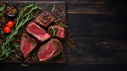 Pieces of fresh beef with herbs garnish on black wooden board background, on dark wood table counter, top down view