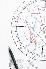 Astrology. Astrologer calculates natal chart and makes a forecast of fate Tarot cards, Fortune...