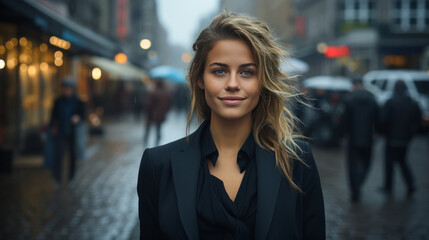 Obraz premium Woman, portrait and business with night, street and professional entrepreneur in city. Happy, smiling and urban with modern female wearing a business suit for leadership and bokeh success