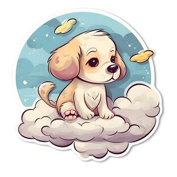 stiker perrito bebe , en una nube, dibujo, fantasia 4k