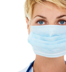 Woman, doctor and mask for protection from virus in studio, medicare and compliance by white...