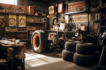 Sunny tire store filled with travel items and neatly stacked tires. The shop has car things and coolers for long drives.
