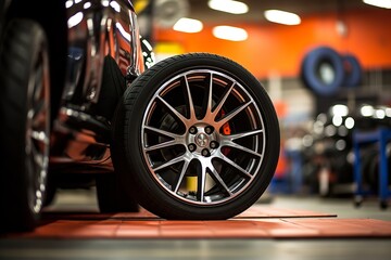 Detailed view of a high-tech tire in a well-organized tire shop. The shop's lighting highlights the texture of a featured, modern tire. - obrazy, fototapety, plakaty