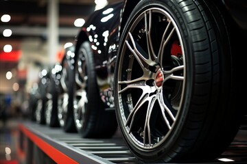 Detailed view of a high-tech tire in a well-organized tire shop. The shop's lighting highlights the...