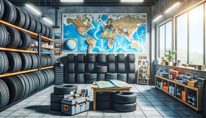 Tire shop ready for travel, tires stacked, world map on wall. The tire shop looks ready for a road trip with all its maps.