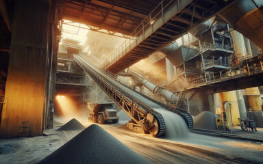 Cement production factory on mining quarry. Conveyor belt of heavy machinery loads stones and gravel. - obrazy, fototapety, plakaty