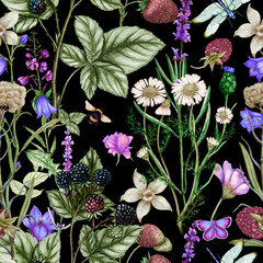 Beautiful hand drawn seamless pattern with nice watercolor wild flowers and leaves on dark background - 707093417