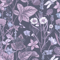 Beautiful hand drawn seamless pattern with nice watercolor wild flowers and leaves on dark background - 707093470