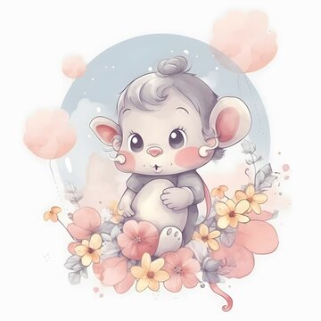 stiker monito bebe , con biberon, con flores en una nube, dibujo, fantasia 4k