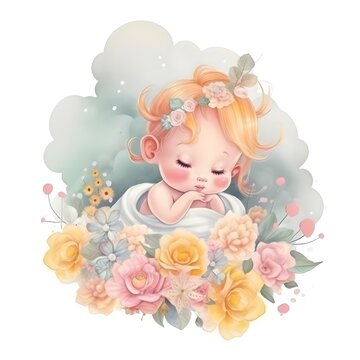 stiker jirafita beb?, en una nube, con flores con un biberon, dubujo, fantasia 4k