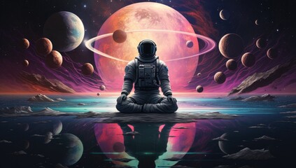 astronaut meditating in space - obrazy, fototapety, plakaty