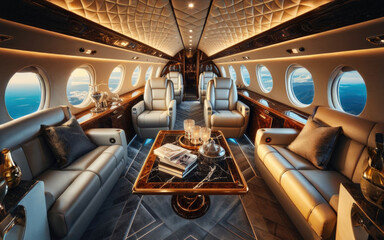Luxury interior in bright colors of genuine leather in the business jet.
