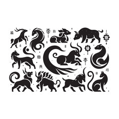Obraz premium Lunar Legacy Illuminated: Timeless Chinese Zodiac Animal Silhouette Stock Images Tailored for Chinese New Year - Chinese New Year Silhouette - Chinese Zodiac Animal Vector Stock 