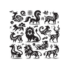 Fototapeta premium Celestial Harmony Embodied: Exquisite Chinese Zodiac Animal Silhouette Portraits Perfect for Stock Enthusiasts - Chinese New Year Silhouette - Chinese Zodiac Animal Vector Stock 