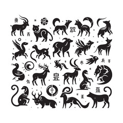 Oriental Elegance Captured: A Mesmerizing Chinese Zodiac Animal Silhouette Stock Portfolio - Chinese New Year Silhouette - Chinese Zodiac Animal Vector Stock
