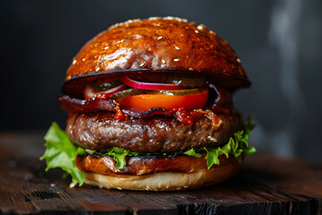 Promotional commercial photo of tasty burger with meat on a wooden table