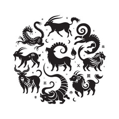 Ethereal Connection Reimagined: Enchanting Chinese Zodiac Animal Silhouette Series Crafted for Stock Collections - Chinese New Year Silhouette - Chinese Zodiac Animal Vector Stock
