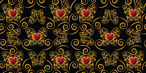 Seamless pattern golden butterflies with red hearts .Vector illustration.