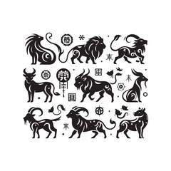 Harmonious Shadows Revealed: A Meticulously Crafted Collection of Chinese Zodiac Animal Silhouette Stock Imagery - Chinese New Year Silhouette - Chinese Zodiac Animal Vector Stock
