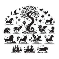 Radiant Silhouettes Explored: Delving into the Beauty of Chinese Zodiac Animal Silhouette Stock for Your Portfolio - Chinese New Year Silhouette - Chinese Zodiac Animal Vector Stock
