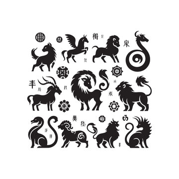 Tranquil Tributes Displayed: Unveiling the Aesthetic Charms of Chinese Zodiac Animal Silhouette Stock Art - Chinese New Year Silhouette - Chinese Zodiac Animal Vector Stock
