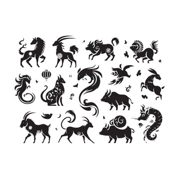 Tranquil Tributes Displayed: Unveiling the Aesthetic Charms of Chinese Zodiac Animal Silhouette Stock Art - Chinese New Year Silhouette - Chinese Zodiac Animal Vector Stock
