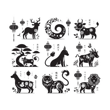 Ethereal Connection Reimagined: Enchanting Chinese Zodiac Animal Silhouette Series Crafted for Stock Collections - Chinese New Year Silhouette - Chinese Zodiac Animal Vector Stock
