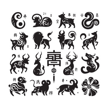 Lunar Legacy Illuminated: Timeless Chinese Zodiac Animal Silhouette Stock Images Tailored for Chinese New Year - Chinese New Year Silhouette - Chinese Zodiac Animal Vector Stock
