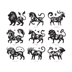 Oriental Elegance Rediscovered: Captivating the Essence of Chinese Zodiac Animal Silhouette for Stock Enthusiasts - Chinese New Year Silhouette - Chinese Zodiac Animal Vector Stock
