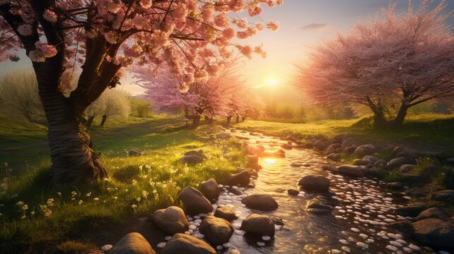 Japanese cherry trees spring sunlight wallpaper image Ai generated art