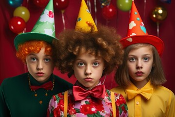 children dressed as clowns at a birthday party. generative ai