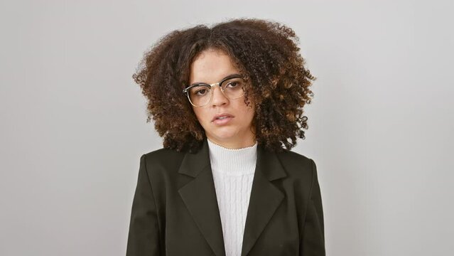 Frowning and upset, skeptic hispanic woman with curly hair exuding negative emotion, isolated on white background, nervously dithering amidst a problem.