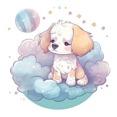 stiker perrito bebe , en una nube, colores pastel, dibujo, fantasia 4k