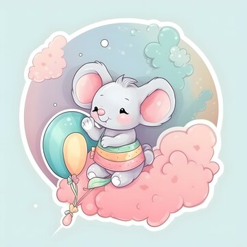 stiker raton bebe , en una nube, colores pastel, dibujo, fantasia 4k