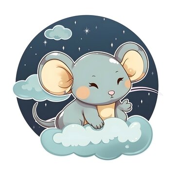 stiker raton bebe , en una nube, , dibujo, fantasia 4k