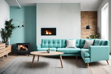 Fototapeta premium light Turquoise corner sofa near fireplace. Scandinavian home interior design of modern living room,looks as HD camera 