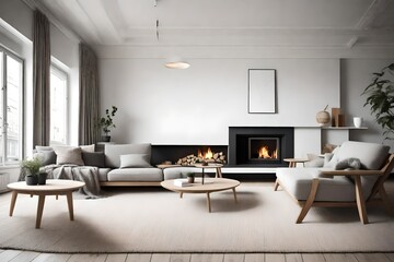 attrective looks  corner sofa near fireplace. Scandinavian home interior design of modern living room,looks as HD camera  