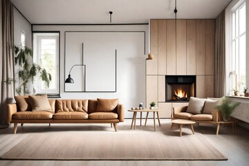 light brown corner sofa near fireplace. Scandinavian home interior design of modern living room,looks as HD camera  