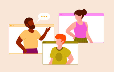Illustration vectorielle d'hommes et femme discutant et travaillant sur ordinateur
