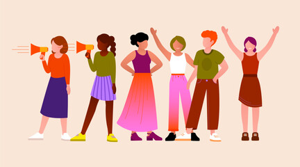 Illustration vectorielle d'hommes et femmes discutant et manifestant