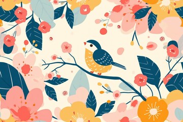 Floral summer design with hand-painted abstract flowers with birds in different colors on white background.