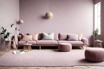 two knitted poufs near light puple corner sofa copy space. Scandinavian home interior design of modern living room  